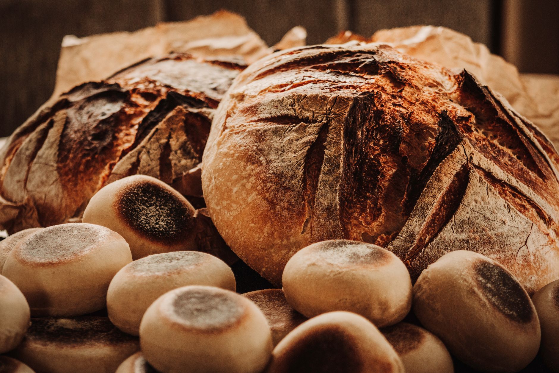 Rustikales Sauerteigbrot auf dunklem Untergrund, bestreut mit Mehl